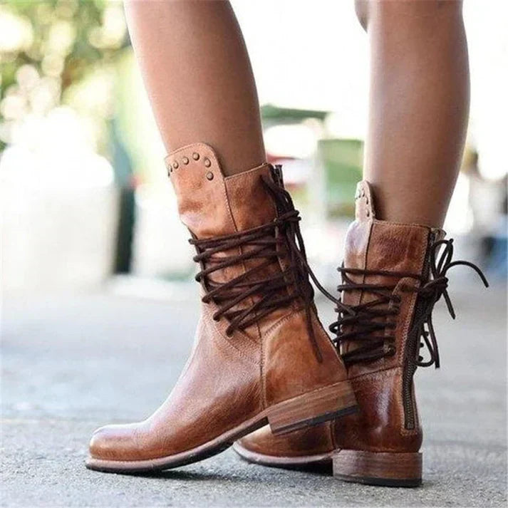 Teagan | Retro Mid-Calf Cross-Tied Boots
