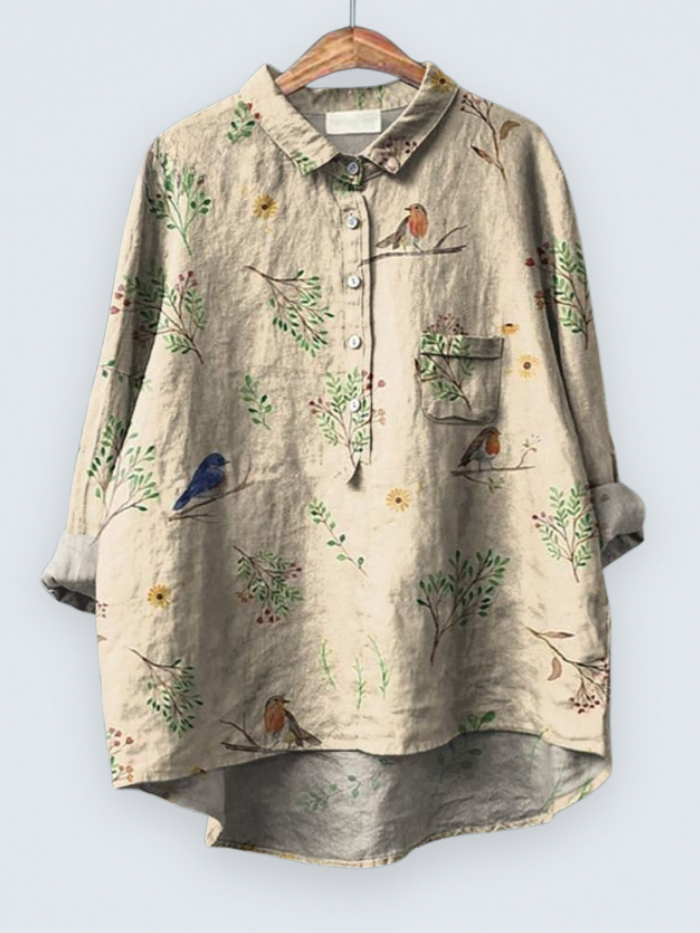 Boughs And Robin Birds Pattern Printed Women's Casual Shirt