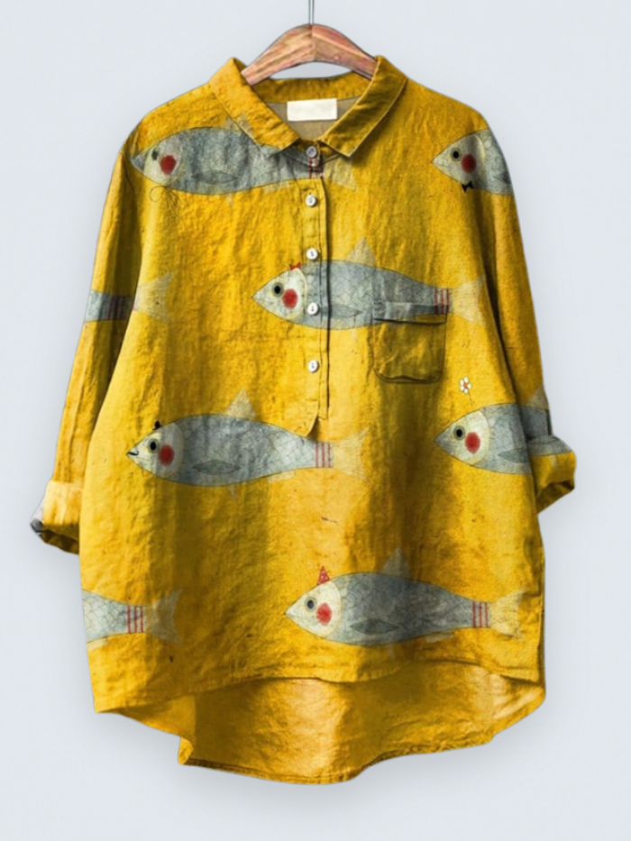 Women's Vintage Fish Art Print Casual Shirt
