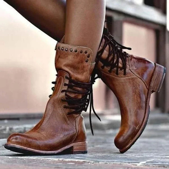 Teagan | Retro Mid-Calf Cross-Tied Boots