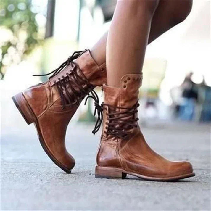 Teagan | Retro Mid-Calf Cross-Tied Boots