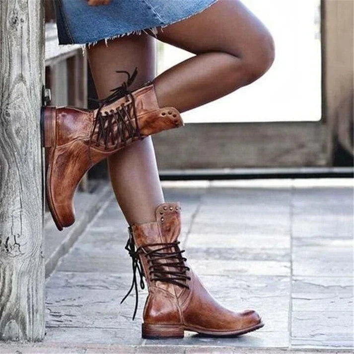 Teagan | Retro Mid-Calf Cross-Tied Boots
