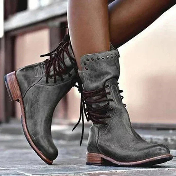 Teagan | Retro Mid-Calf Cross-Tied Boots