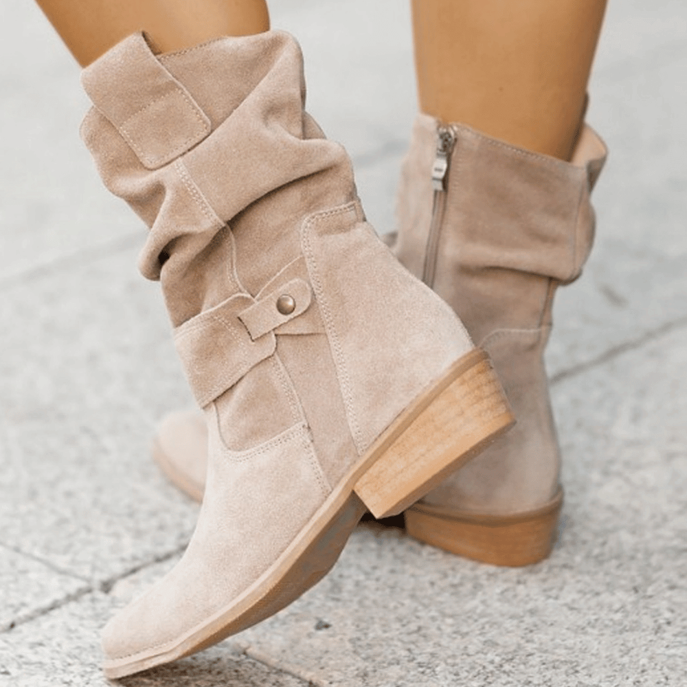 Thora | Faux Suede Flock Mid-Calf Knight Boots